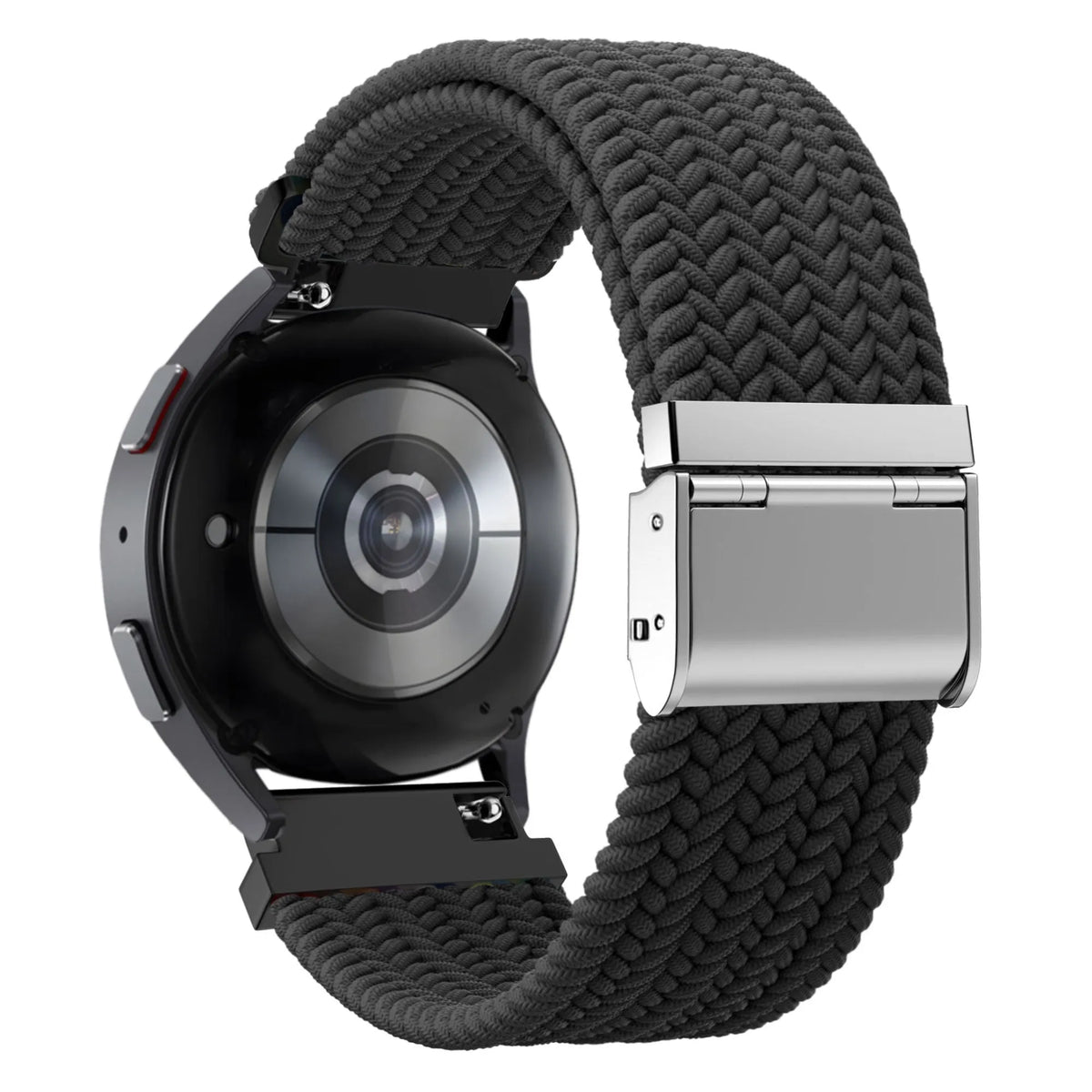 Woven Nylon Strap, black, on a watch, 3/4 rear view