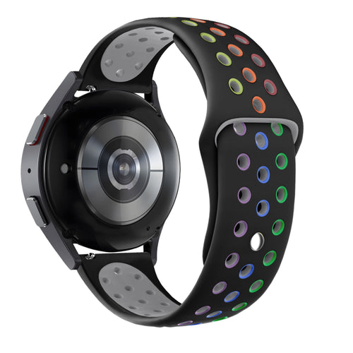 Silicone Sport Strap 'Deluxe', black/colourful, on a watch, 3/4 rear view