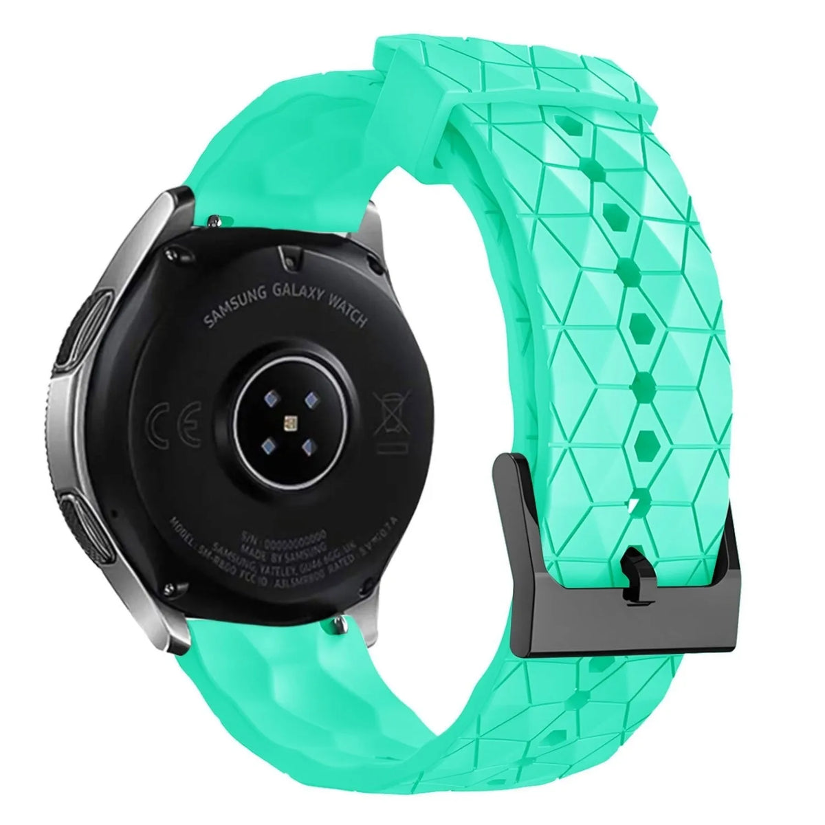 Silicone Strap Hexagons, aqua, on a watch, 3/4 rear view