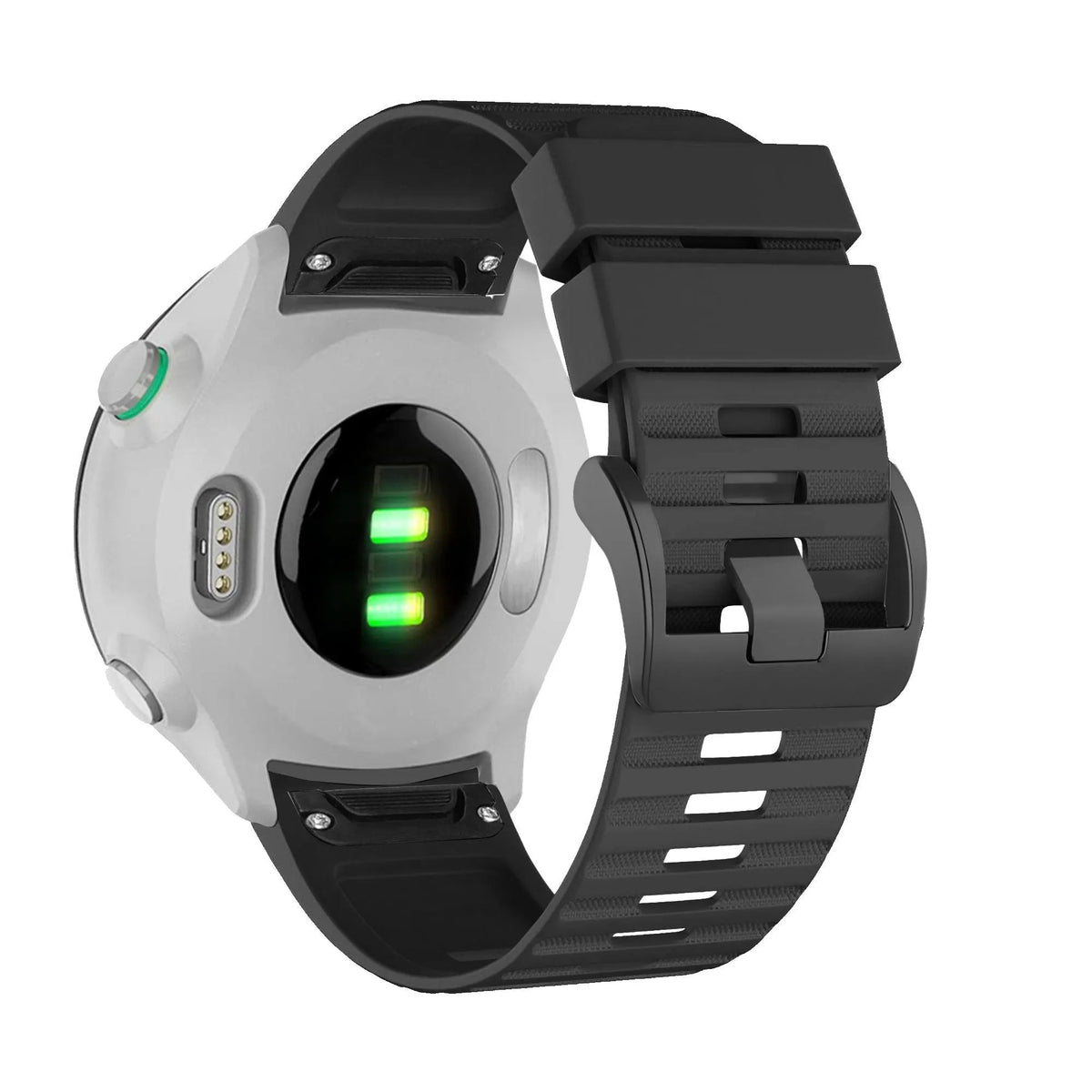 Buckled Silicone Strap, black, on a watch, 3/4 rear view