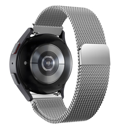Milanese Loop Strap, silver, on a watch, 3/4 rear view