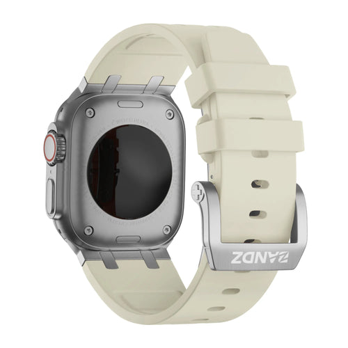 Silicone Strap 'Luxe Liquid', beige with silver, on a watch, 3/4 rear view
