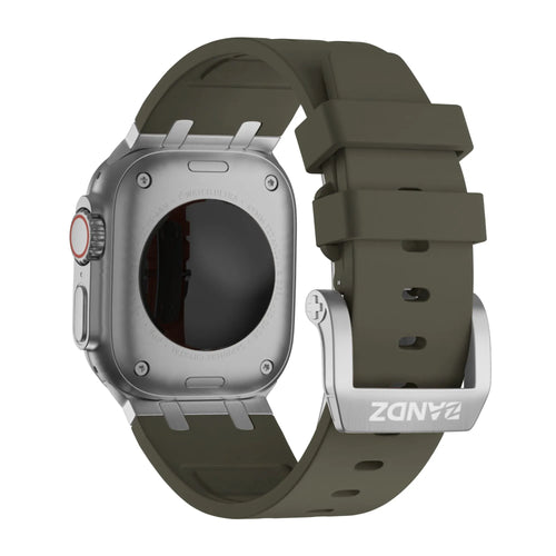 Silicone Strap 'Luxe Liquid', brown with silver, on a watch, 3/4 rear view