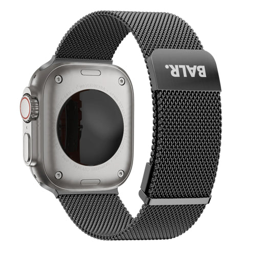 Milanese Strap, black, on a watch, 3/4 rear view