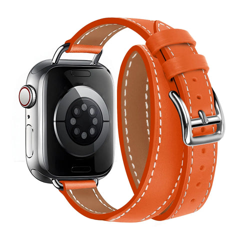 Leather Strap 'Double Tour', orange, on a watch, 3/4 rear view