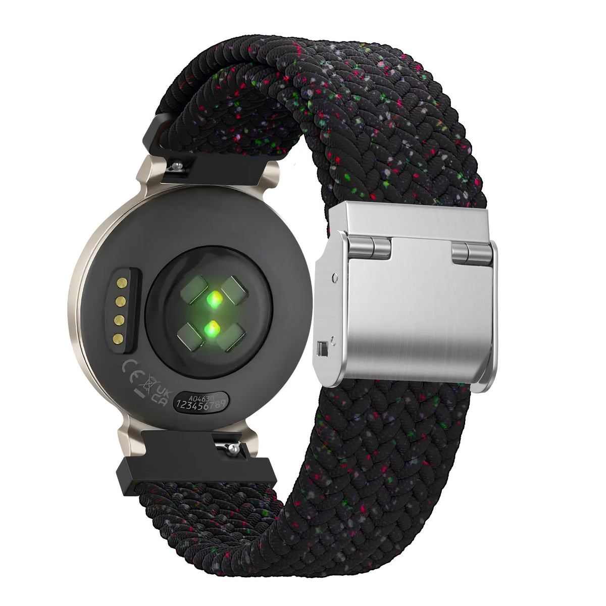 Woven Nylon Strap, black, on a watch, 3/4 rear view