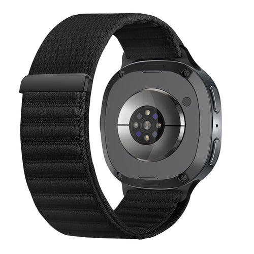 Wave Nylon Strap, black, on a watch, 3/4 rear view