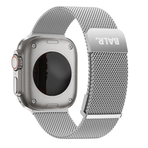 Milanese Strap, silver, on a watch, 3/4 rear view
