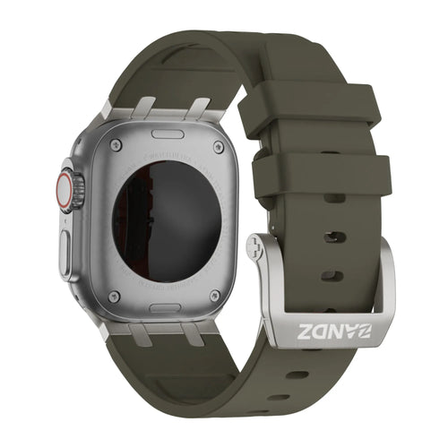 Silicone Strap 'Luxe Liquid', brown with titanium, on a watch, 3/4 rear view
