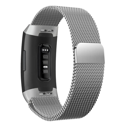 Milanese Loop Strap, silver, on a watch, 3/4 rear view