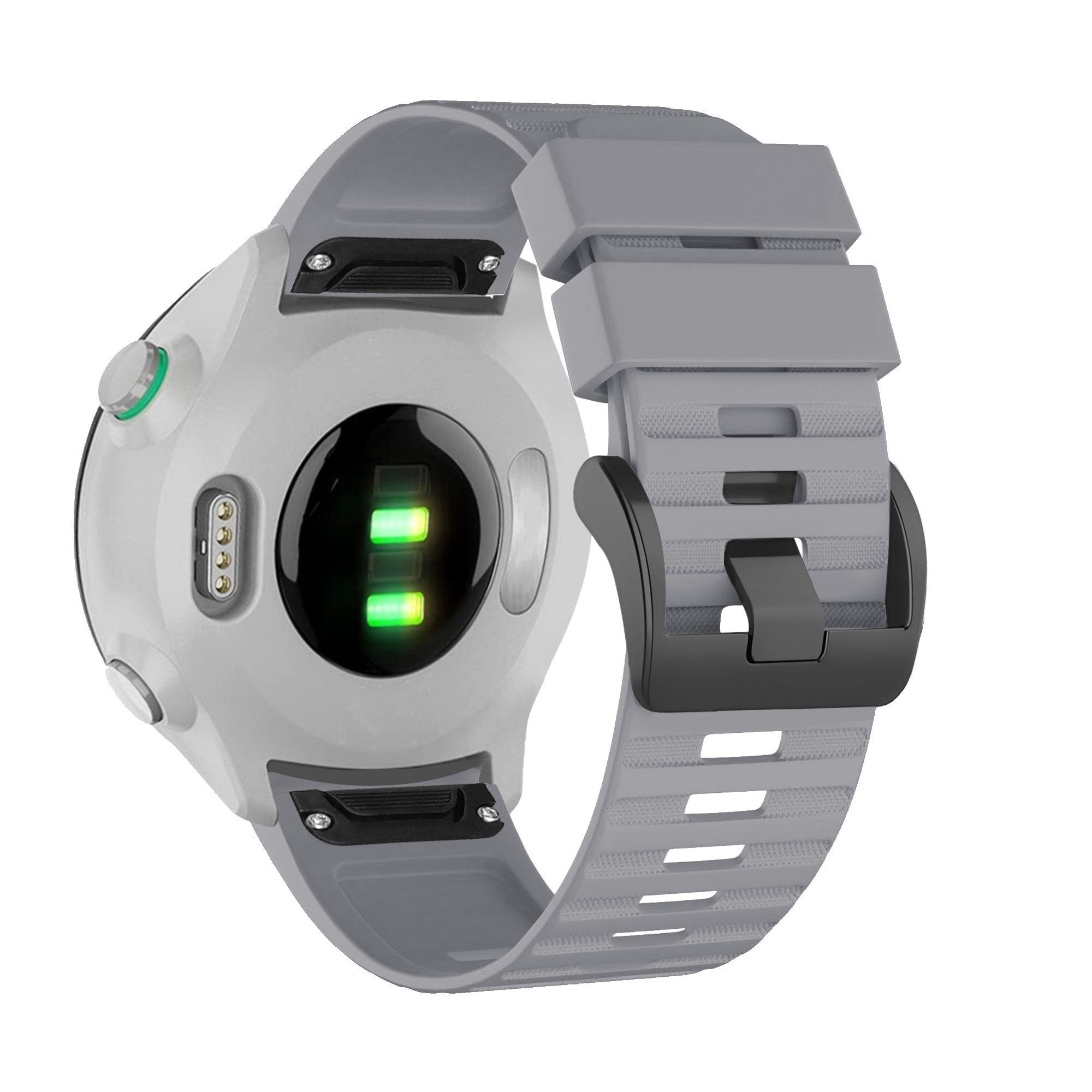Buckled Silicone Strap, grey, on a watch, 3/4 rear view