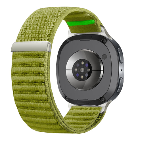 Wave Nylon Strap, field green, on a watch, 3/4 rear view