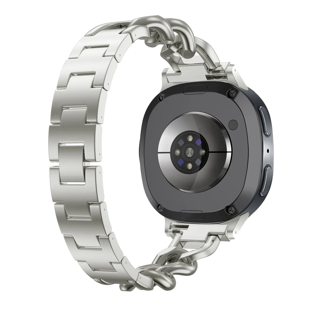 Steel Chain Strap, starlight, on a watch, 3/4 rear view