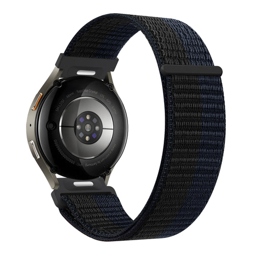 Nylon Strap 'Easy Fit', black/blue, on a watch, 3/4 rear view
