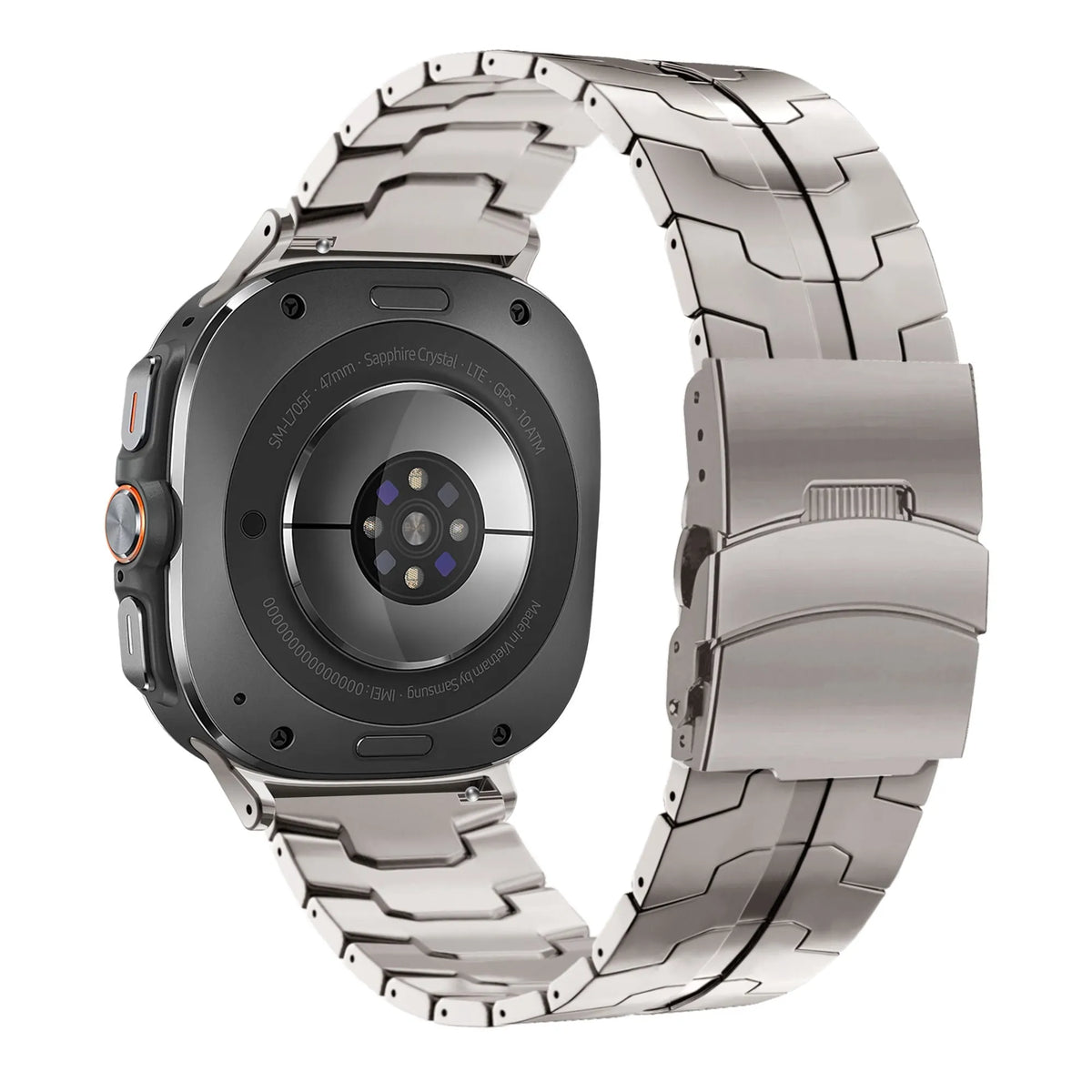 Titanium Strap 'Iron', on a watch, 3/4 rear view