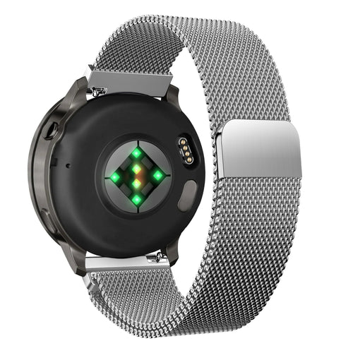 Milanese Loop Strap, silver, on a watch, 3/4 rear view