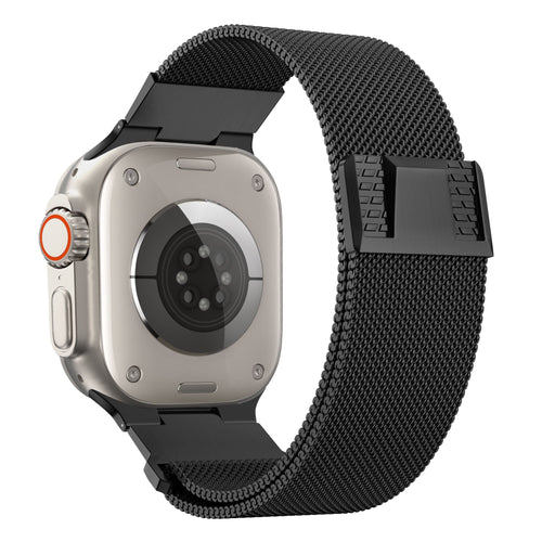 Milanese Strap 'Mecha', black, on a watch, 3/4 rear view