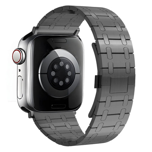 Royal Steel Strap, black, on a watch, 3/4 rear view