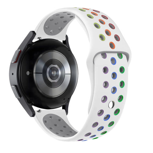 Silicone Sport Strap 'Deluxe', white/colourful, on a watch, 3/4 rear view