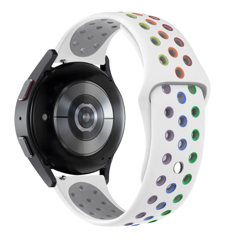 Silicone Sport Strap 'Deluxe', white/colourful, on a watch, 3/4 rear view