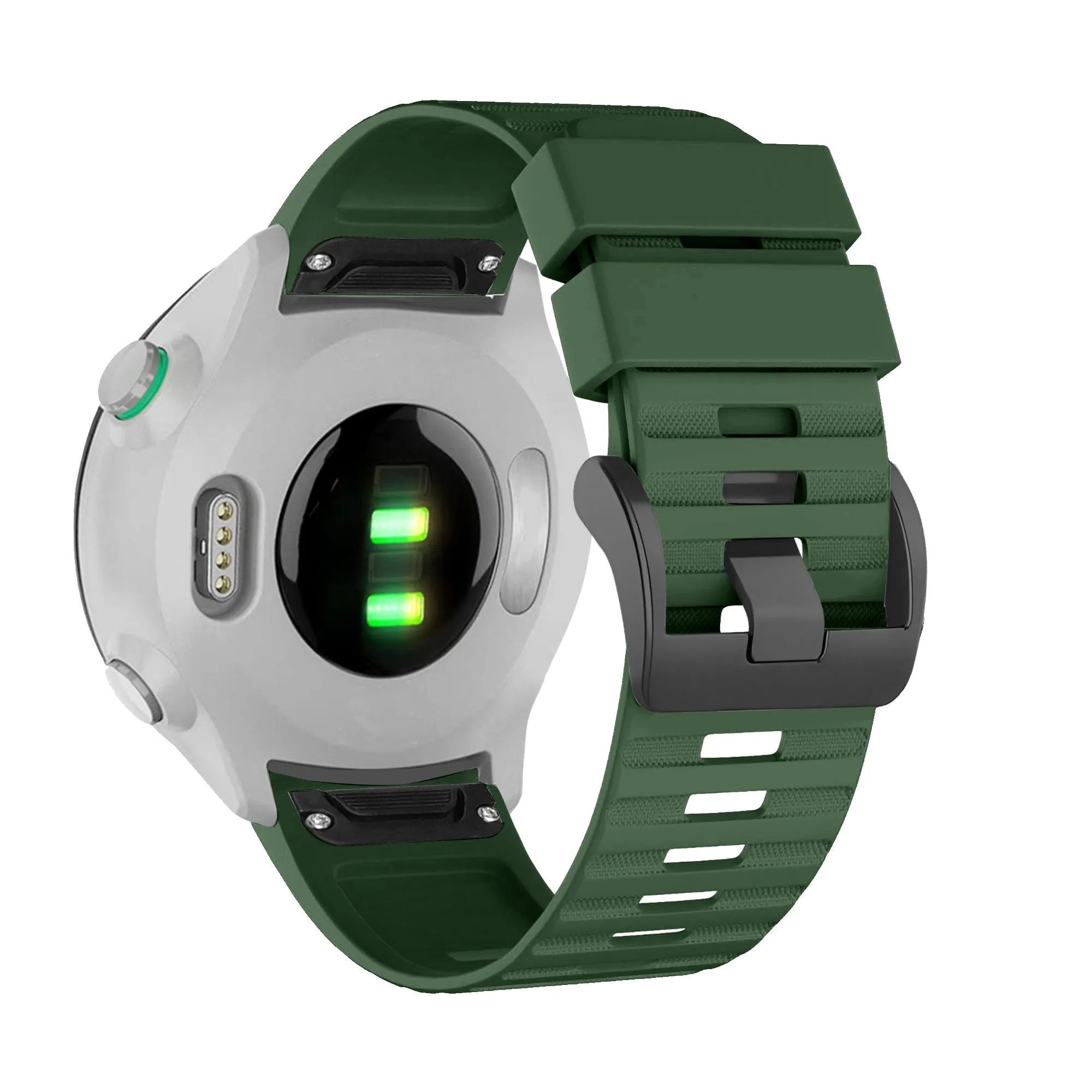 Buckled Silicone Strap, dark green, on a watch, 3/4 rear view