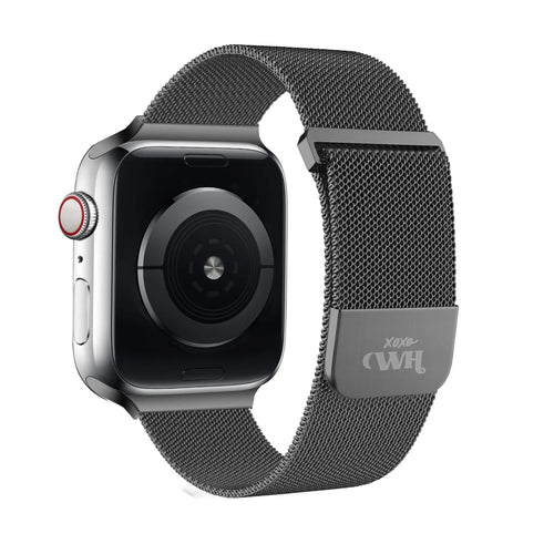 Milanese Strap, black, on a watch, 3/4 rear view