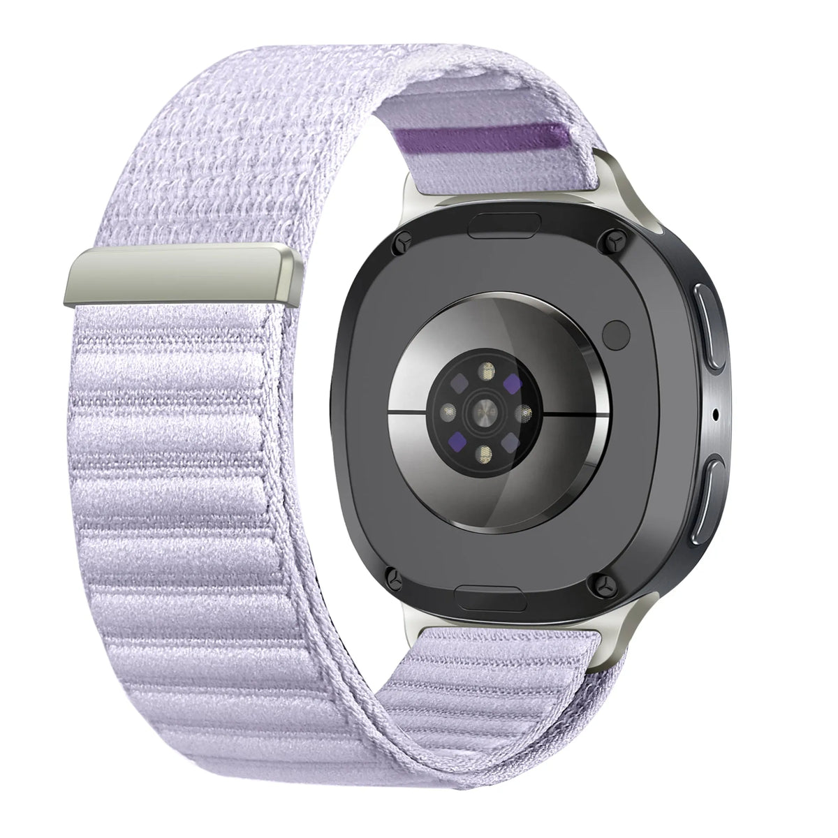 Wave Nylon Strap, light purple, on a watch, 3/4 rear view