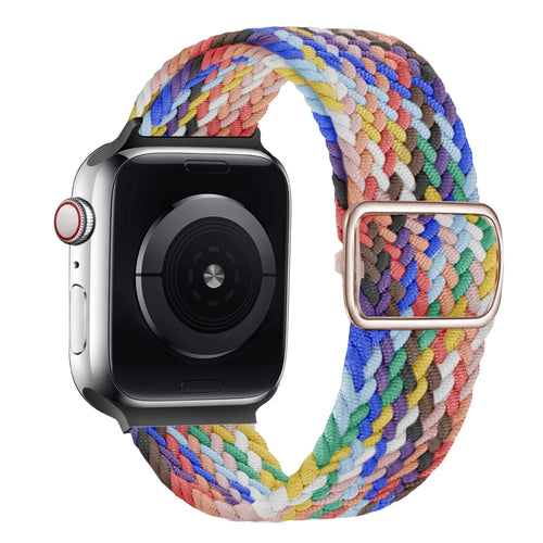 Nylon Adjustable Braided Strap, rainbow, on a watch, 3/4 rear view
