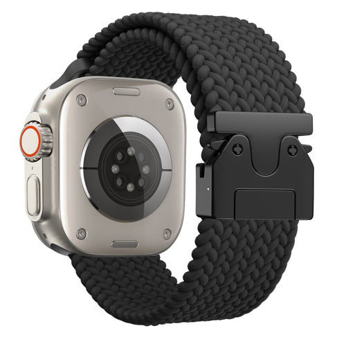 Nylon Braided Strap 'Parachute', black, on a watch, 3/4 rear view