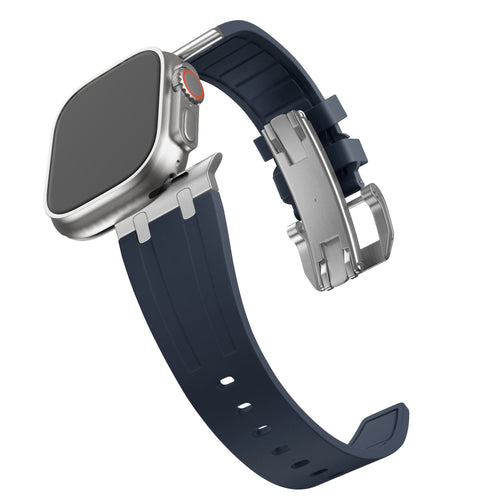 Silicone Strap 'Luxe Liquid', blue/silver, on a watch, 3/4 rear view
