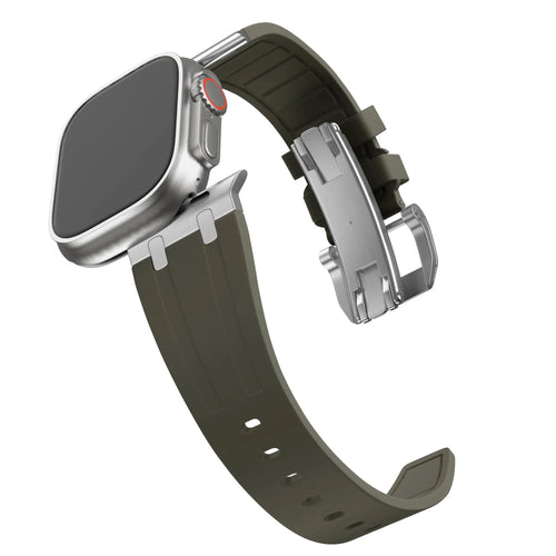 Silicone Strap 'Luxe Liquid', brown with silver, on a watch, 3/4 rear view