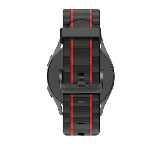 Silicone Sport Strap Striped, black/red, on a watch, 3/4 rear view