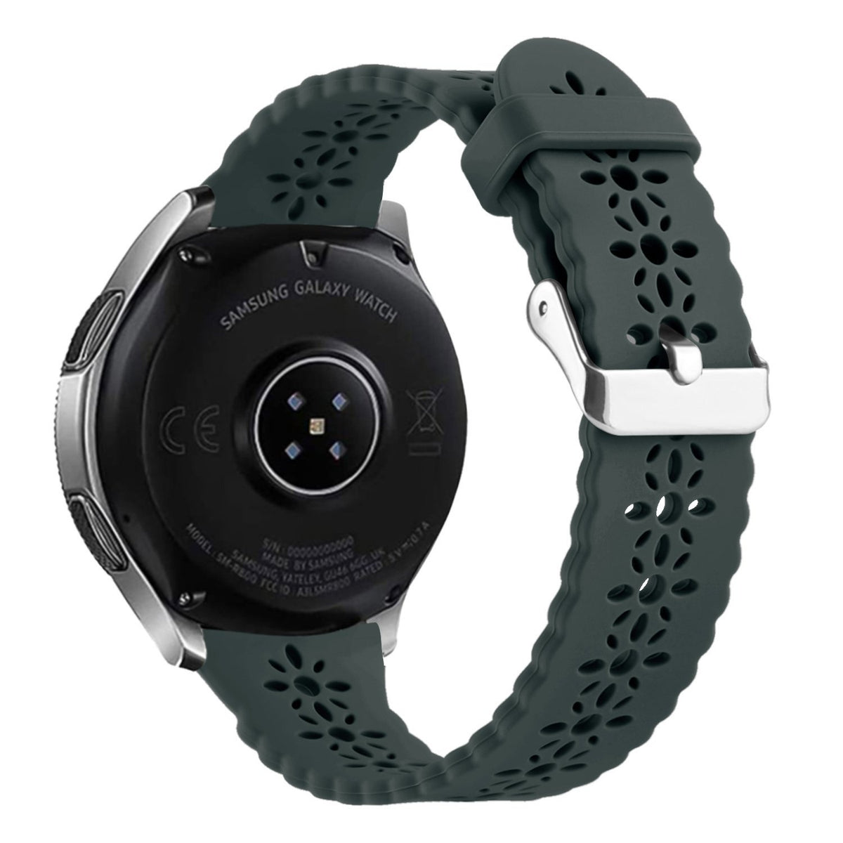 Patterned Silicone Strap, viridian, on a watch, 3/4 rear view