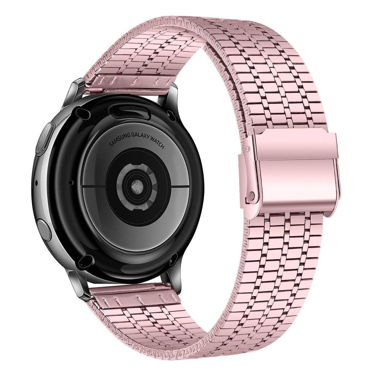 Fine Steel Strap, pink, on a watch, 3/4 rear view
