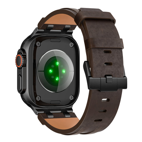 Solid Leather Strap, coffee, on a watch, 3/4 rear view