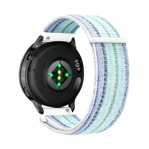 Nylon Loop Strap, blue stripes, on a watch, 3/4 rear view