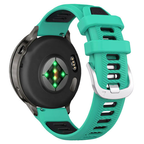Silicone Buckled dual sport strap, aqua/black, on a watch, 3/4 rear view