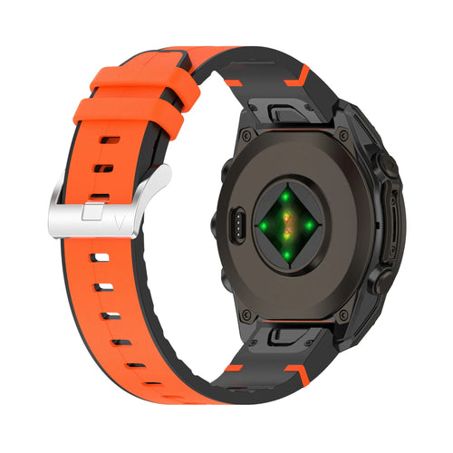 Leather Hybrid Strap, orange, on a watch, 3/4 rear view