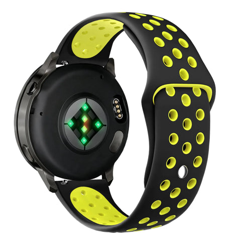 Silicone Sport Strap 'Deluxe', black/yellow, on a watch, 3/4 rear view