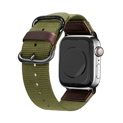 Nylon Canvas Strap, army green, on a watch, 3/4 rear view