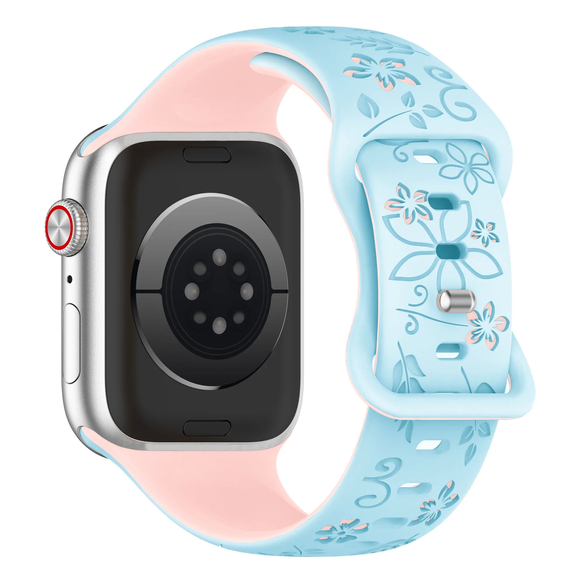 Bracelet silicone à fleurs Apple Watch (bleu/rose)