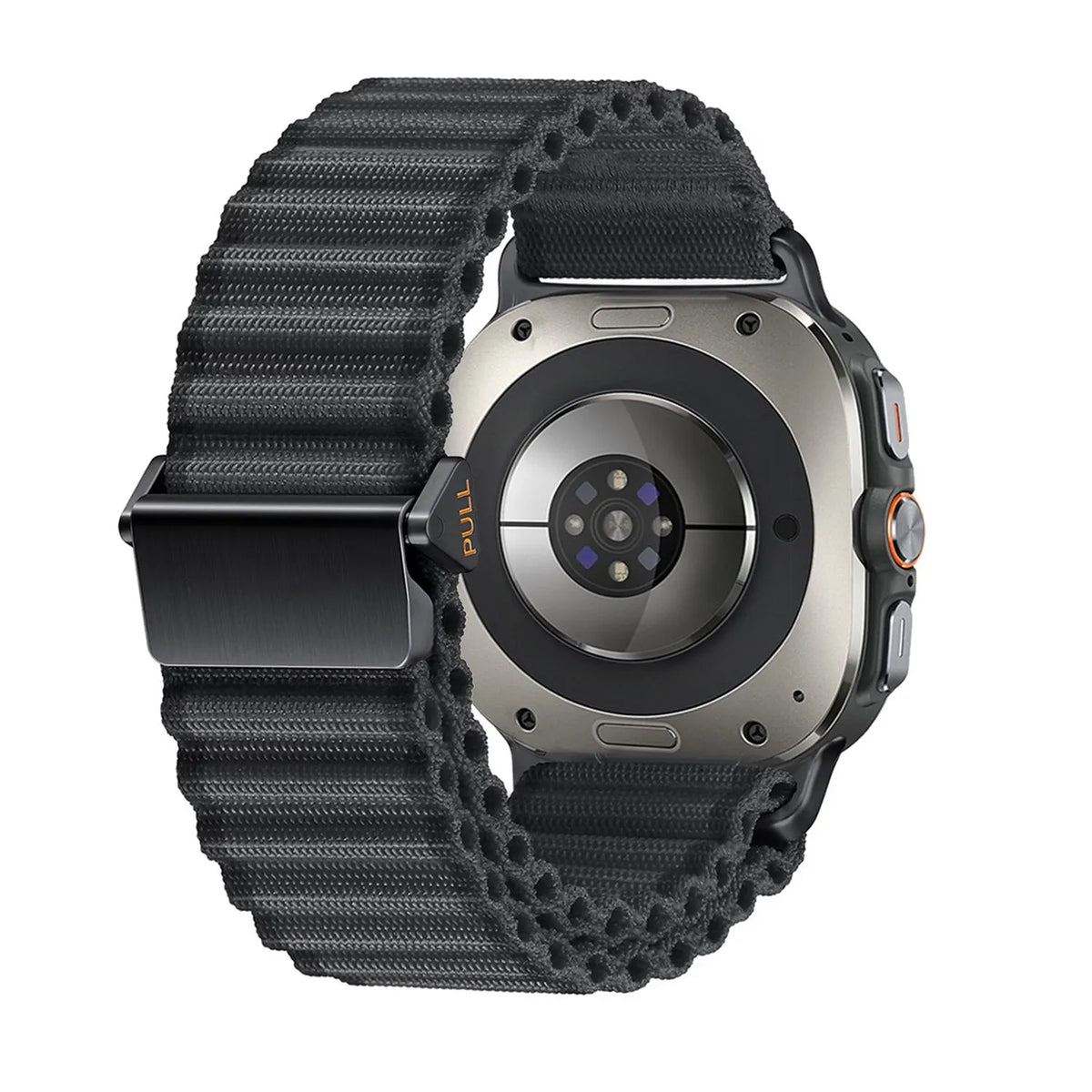 Outdoor Nylon Strap, black, on a watch, 3/4 rear view