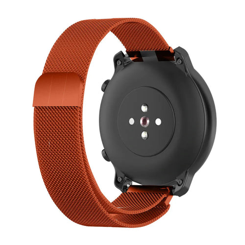 Milanese Strap, orange, on a watch, 3/4 rear view