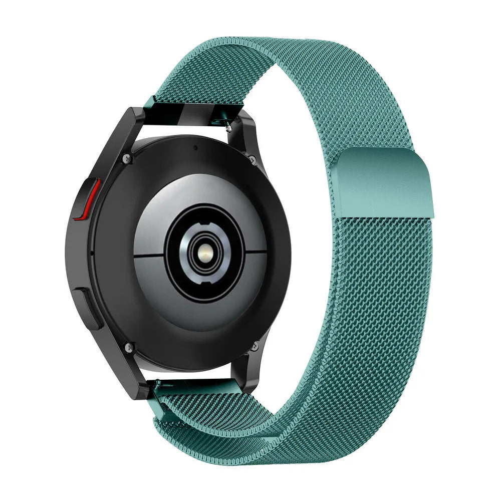 Milanese Strap, green, on a watch, 3/4 rear view