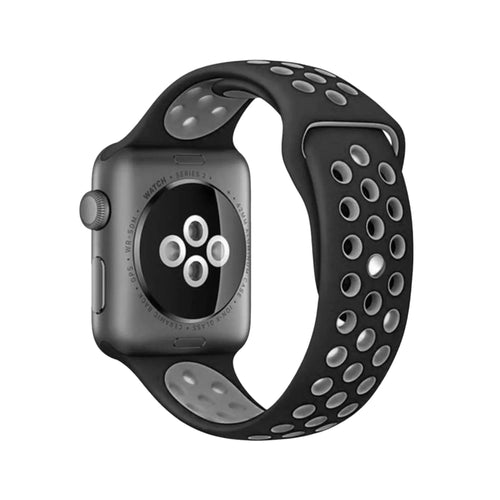 Silicone Sport Strap, black/grey, on a watch, 3/4 rear view