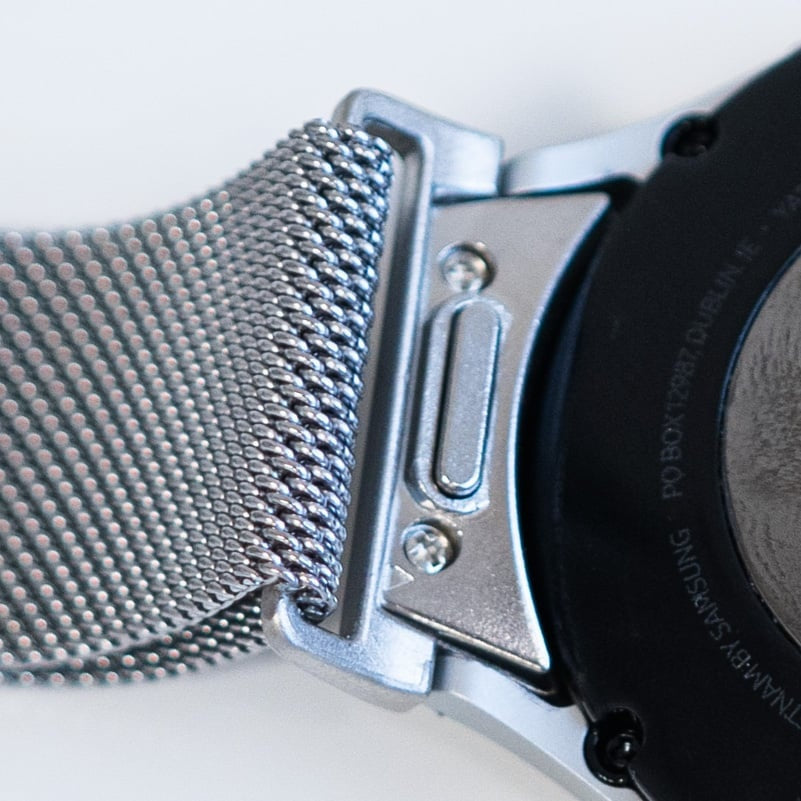 Milanese Strap 'One Push', silver, on a watch, 3/4 rear view