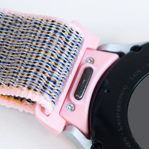 Nylon Strap 'One Push', pink, on a watch, 3/4 rear view