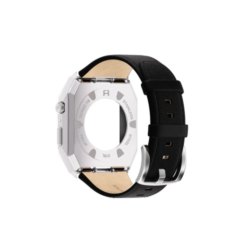 Reqior Boîtier en metal avec bracelet en cuir Apple Watch 45mm (argent/noir)