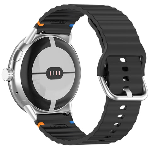 Wave Silicone Strap, black, on a watch, 3/4 rear view