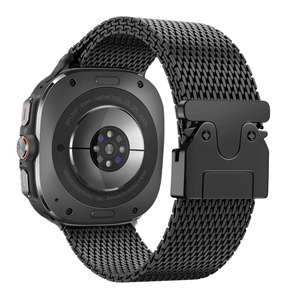 Modern Milanese Strap, black, on a watch, 3/4 rear view
